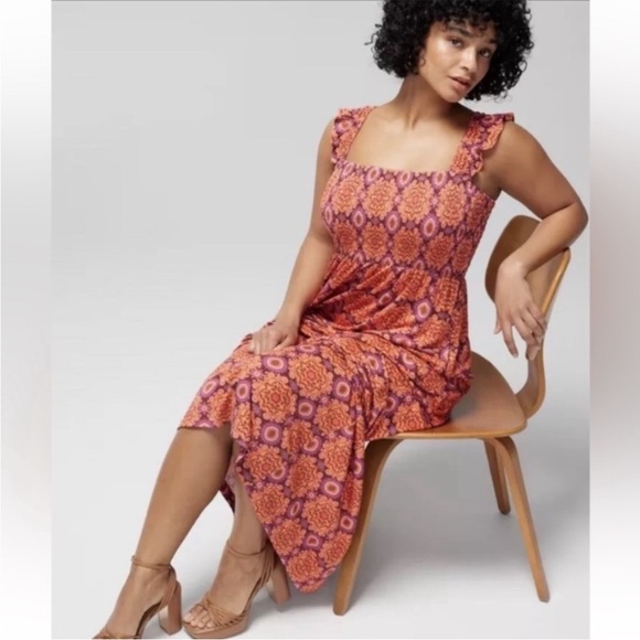 Soma Weekend Medallion Ruffle Sleeve Maxi Dress Pockets Built in Bra Smocked SM - Picture 2 of 12